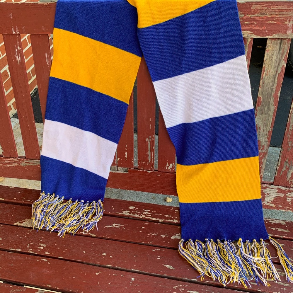 Scarf Blue Gold White 58” with 5 in fringe
